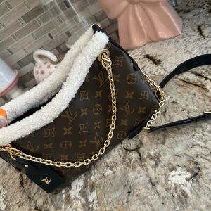Designer Monogram Shearling Trim Shoulder Bag